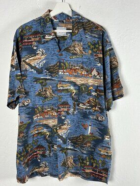 David Carey Mens California Central Coast Camp Shirt Blue Green Button Up Large